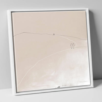 Minimalist Walkers On Fell Path lake district walking canvas wall art in white frame