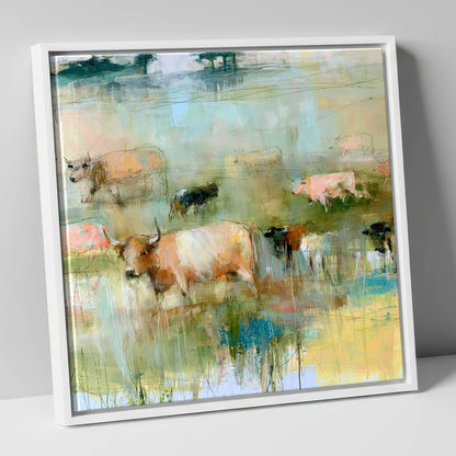 Highland Cattle in Pastel Washes lake district wildlife canvas wall art in white frame