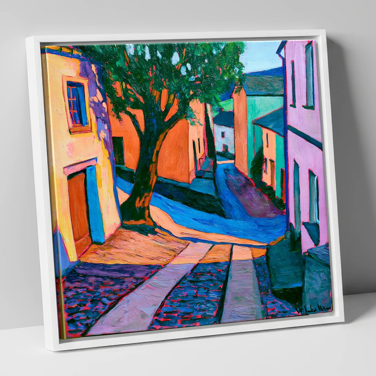 Cobbled Village Street in Vivid Colour lake district village canvas wall art in white frame