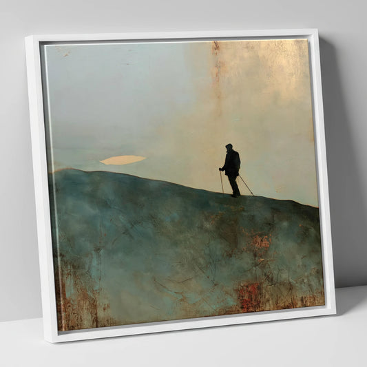Walker Silhouette on Skiddaw Ridge lake district fell canvas wall art in white frame