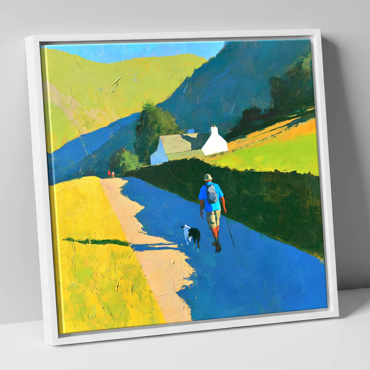 Sunlit Walker and Dog Near Patterdale gifts for dog walkers canvas wall art in white frame