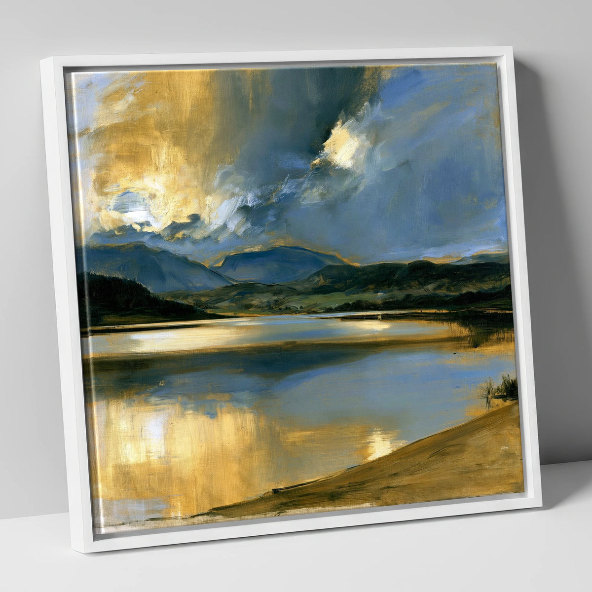 Ochre Dawn Over Still Lake lake district lake canvas wall art in white frame
