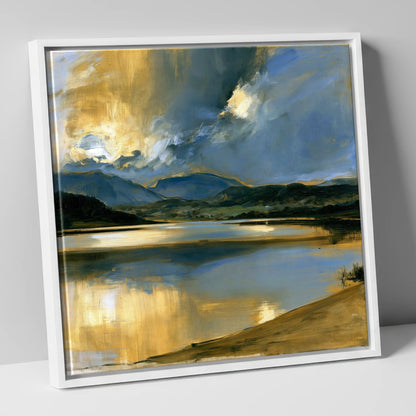 Ochre Dawn Over Still Lake lake district lake canvas wall art in white frame