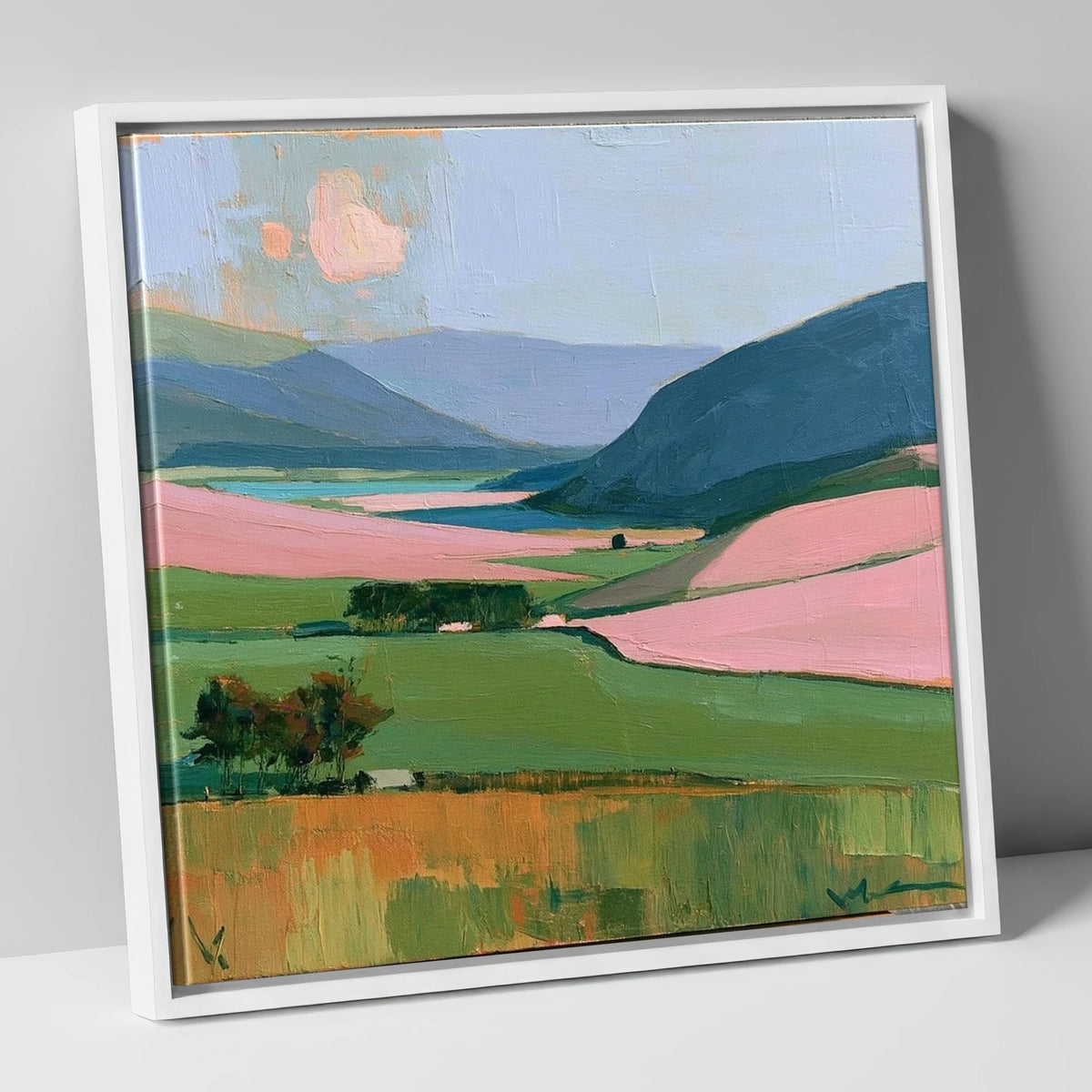 Vibrant Valley and Teal Fells lake district valley canvas wall art in white frame