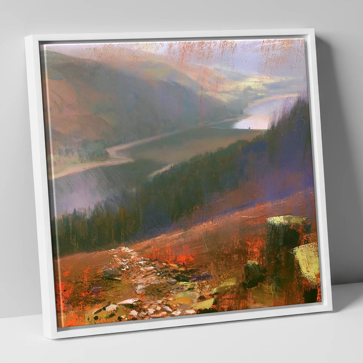 Brooding Thirlmere From Helvellyn Path lake district lake canvas wall art in white frame
