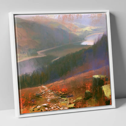 Brooding Thirlmere From Helvellyn Path lake district lake canvas wall art in white frame