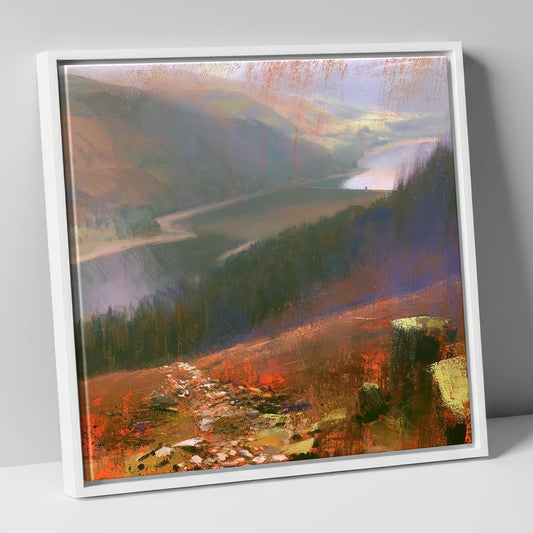 Brooding Thirlmere From Helvellyn Path lake district lake canvas wall art in white frame