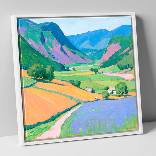 Colourful Fells And Valley Farm lake district valley canvas wall art in white frame