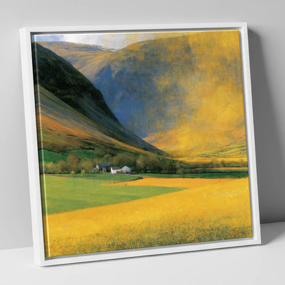 Golden Light Over Valley Fields lake district valley canvas wall art in white frame