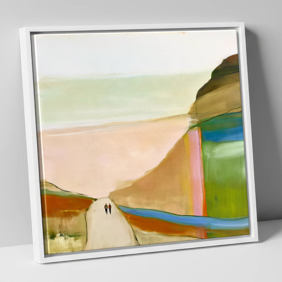 Walkers on a Bold Mountain Path lake district walking canvas wall art in white frame