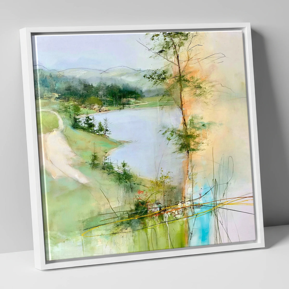 Tarn Hows in Spring Greens lake district lake canvas wall art in white frame