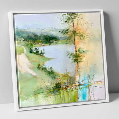 Tarn Hows in Spring Greens lake district lake canvas wall art in white frame