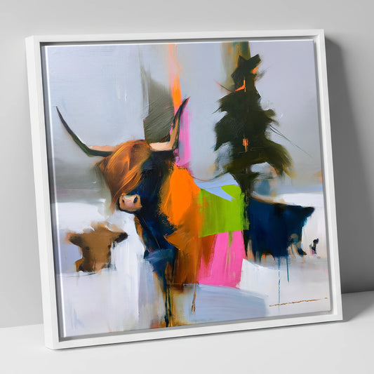 Highland Cow in Vibrant Colour lake district wildlife canvas wall art in white frame