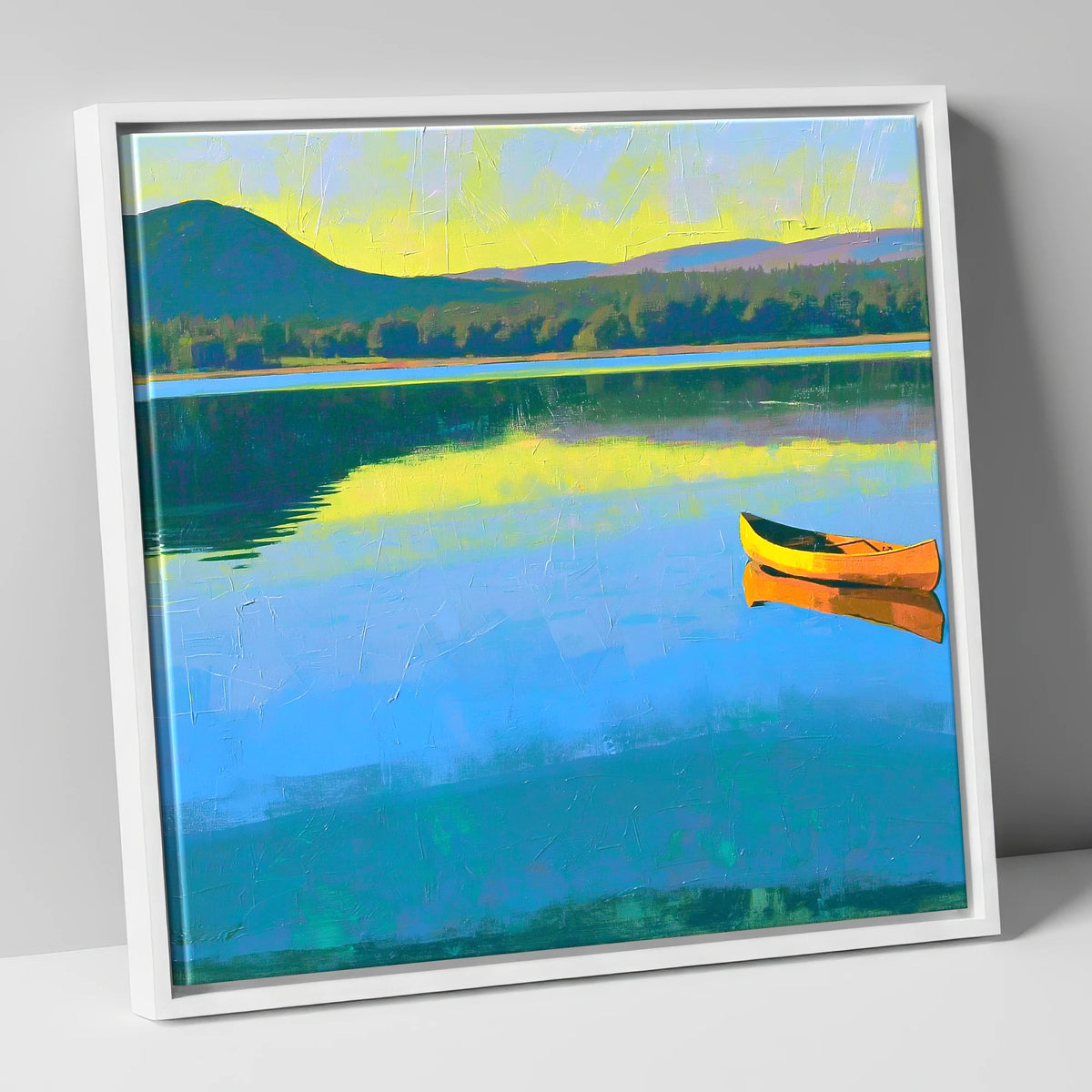 Bold Yellow Canoe on Windermere lake district lake canvas wall art in white frame