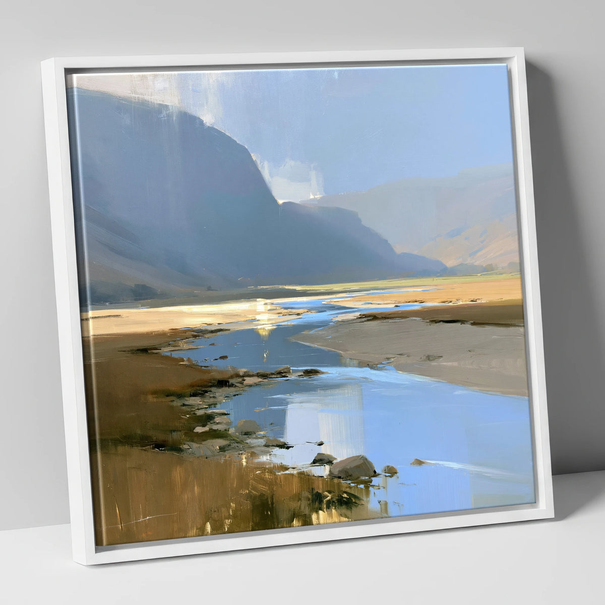 River Through Sunlit Valley lake district waterfall canvas wall art in white frame