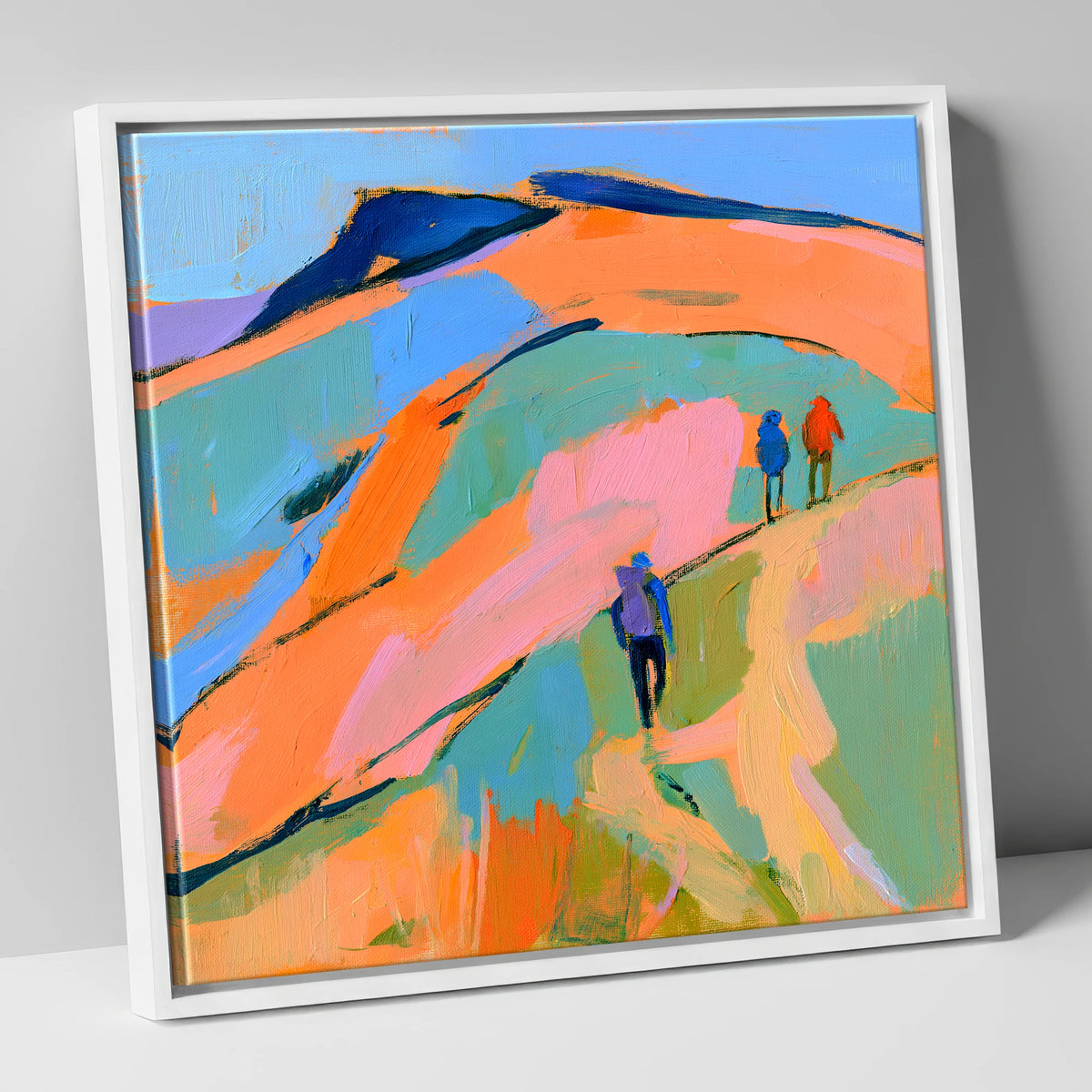 Orange and Blue Fell Hikers lake district fell canvas wall art in white frame