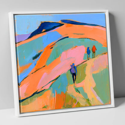 Orange and Blue Fell Hikers lake district fell canvas wall art in white frame