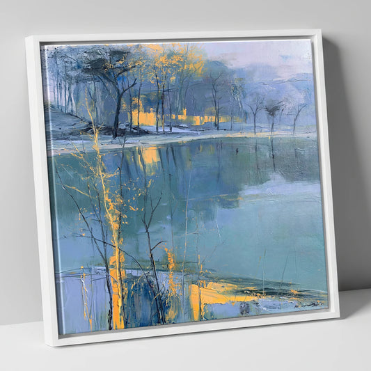 Blue and Gold Lake Reflections lake district lake canvas wall art in white frame