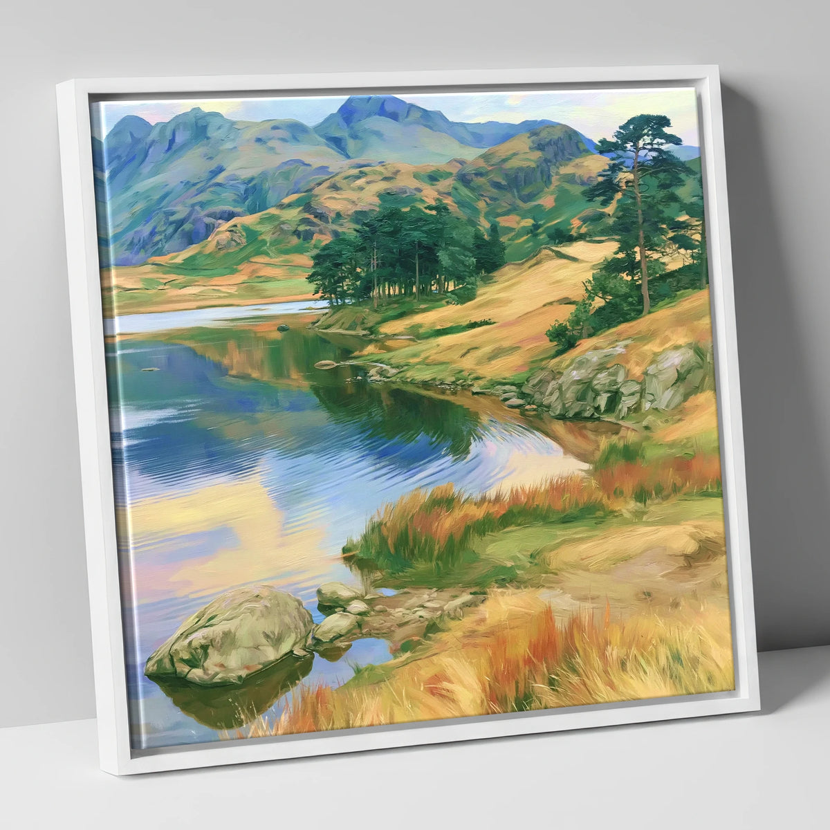 Pine Copse by the Fellside Lake lake district lake canvas wall art in white frame