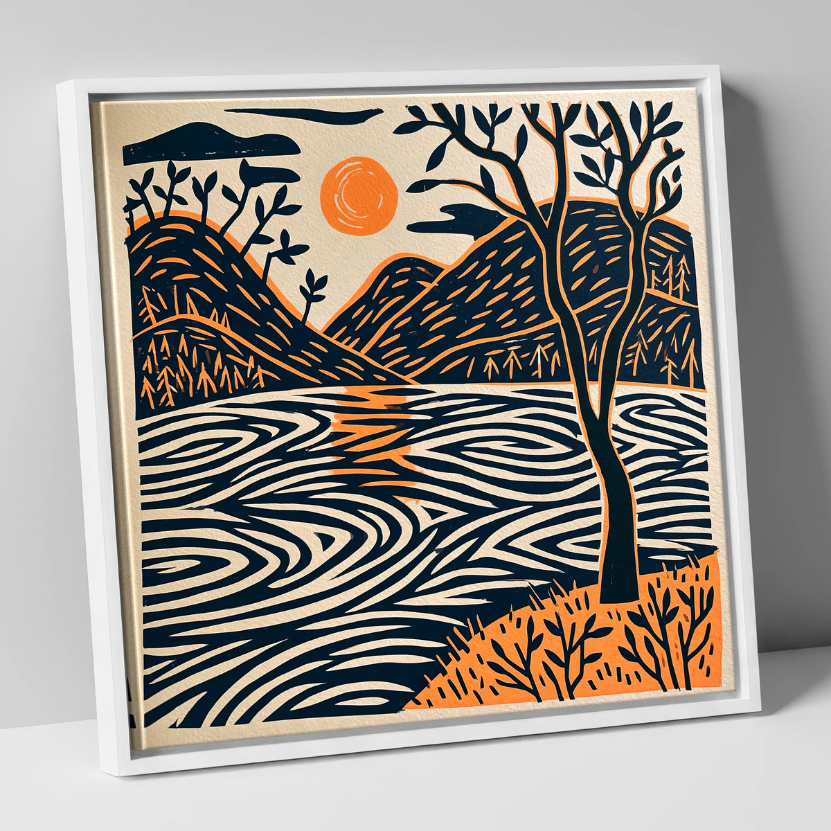Dawn Lake in Terracotta and Navy lake district lake canvas wall art in white frame