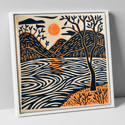 Dawn Lake in Terracotta and Navy lake district lake canvas wall art in white frame
