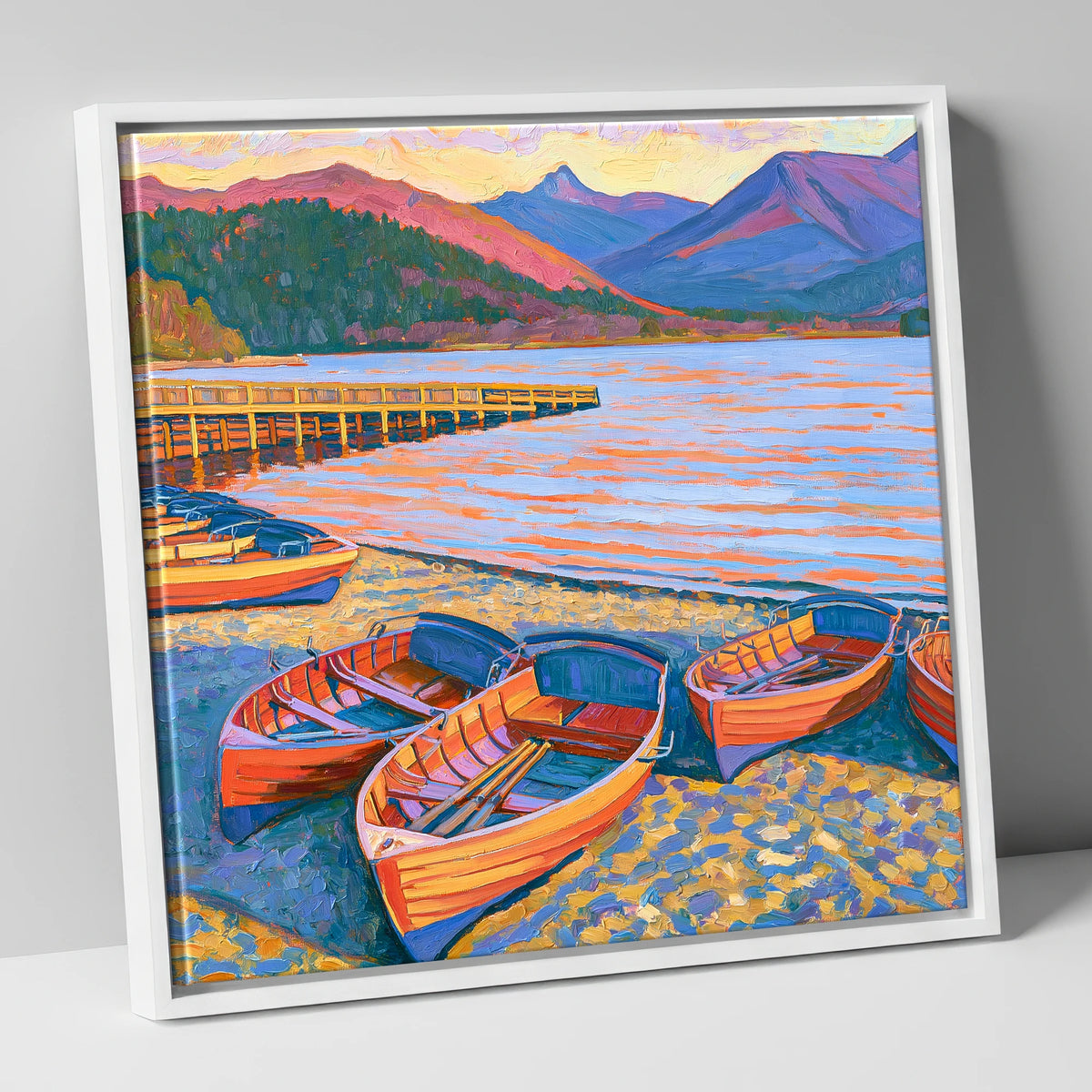 Orange Rowing Boats on Windermere lake district lake canvas wall art in white frame