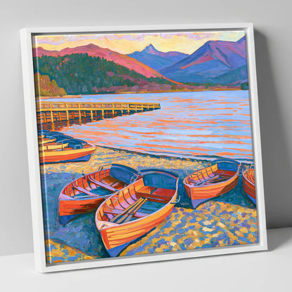 Orange Rowing Boats on Windermere lake district lake canvas wall art in white frame