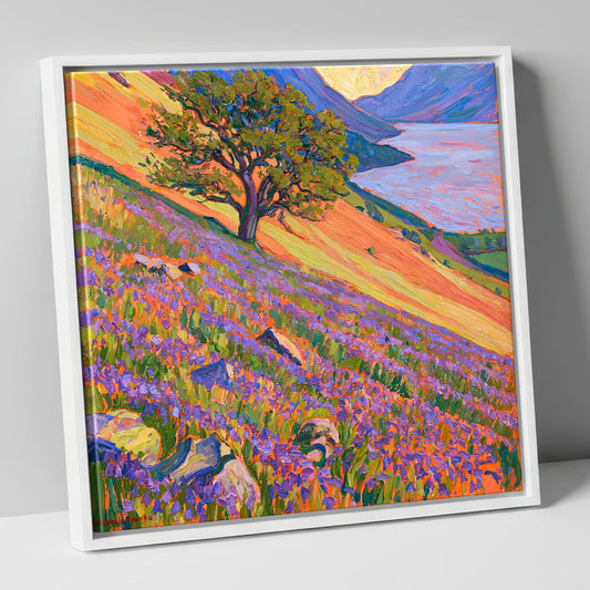 Vibrant Bluebells Above Crummock Water lake district lake canvas wall art in white frame