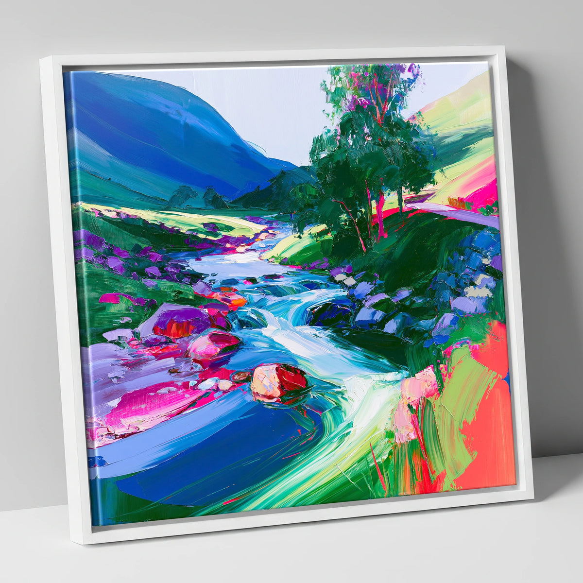 Electric Blue Rushing Fellside Beck lake district waterfall canvas wall art in white frame