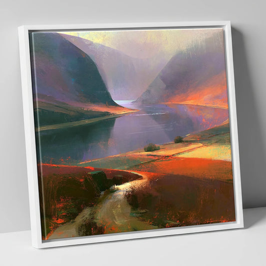Valley Lake in Fiery Light lake district lake canvas wall art in white frame