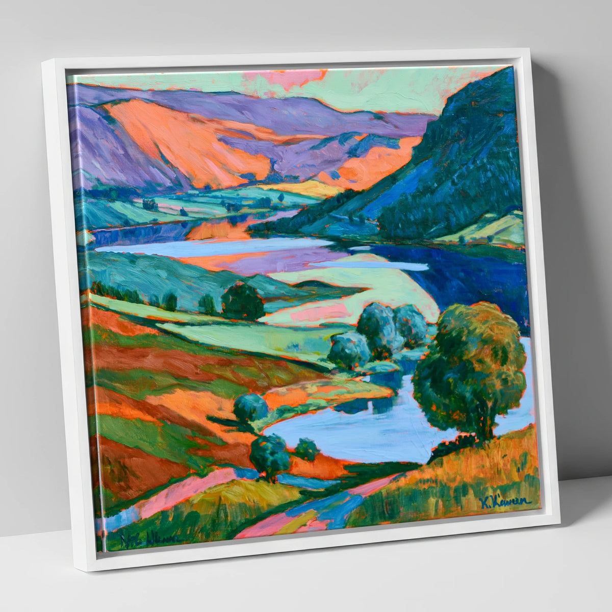 Vibrant Fells and Winding Lake lake district lake canvas wall art in white frame