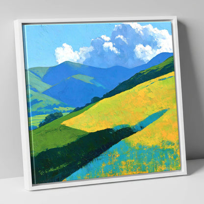 Sunlit Fells in Cerulean and Gold lake district fell canvas wall art in white frame