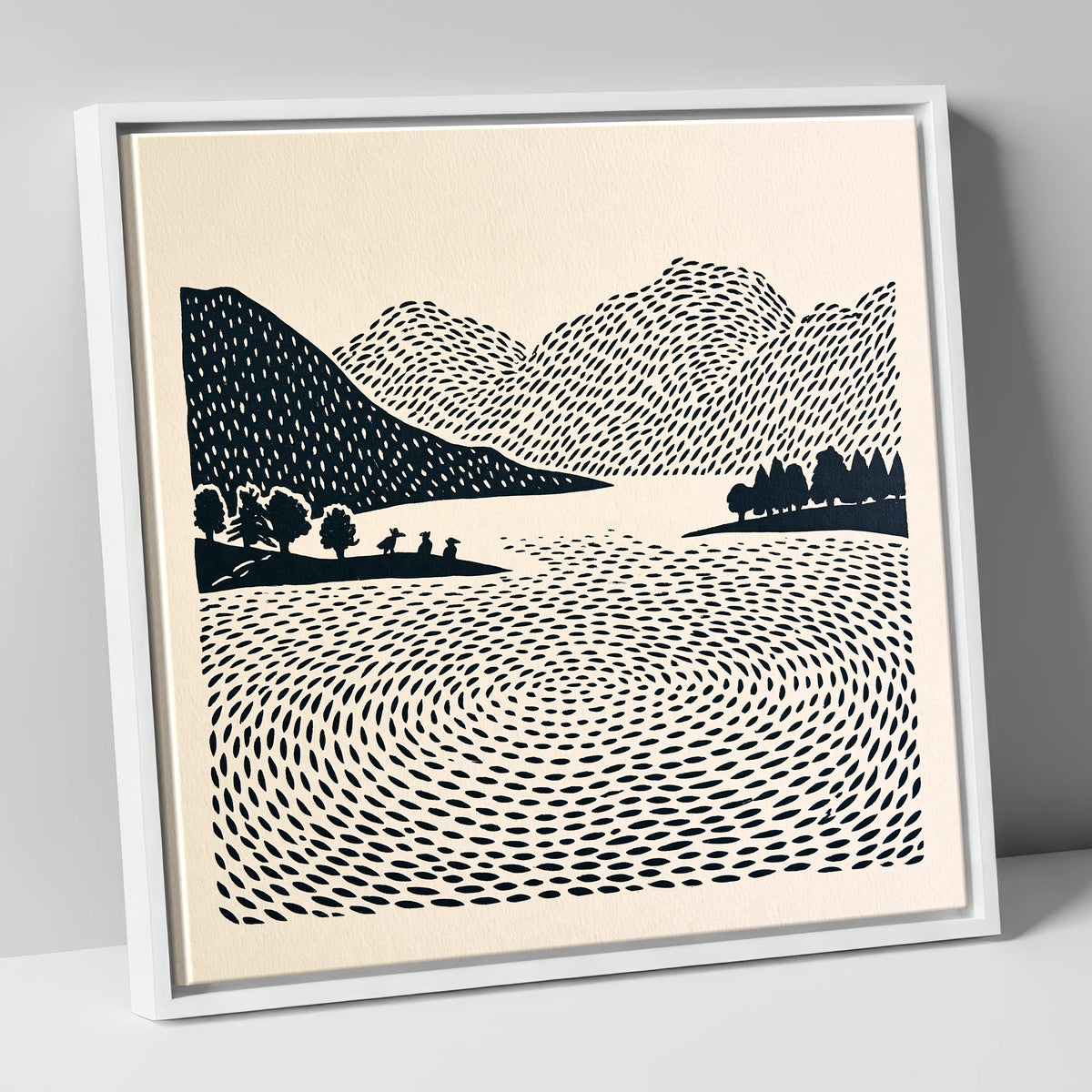 Graphic Grasmere Lake and Fells lake district lake canvas wall art in white frame
