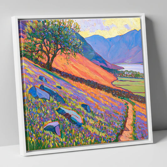 Rannerdale Bluebells Above Crummock Water lake district lake canvas wall art in white frame