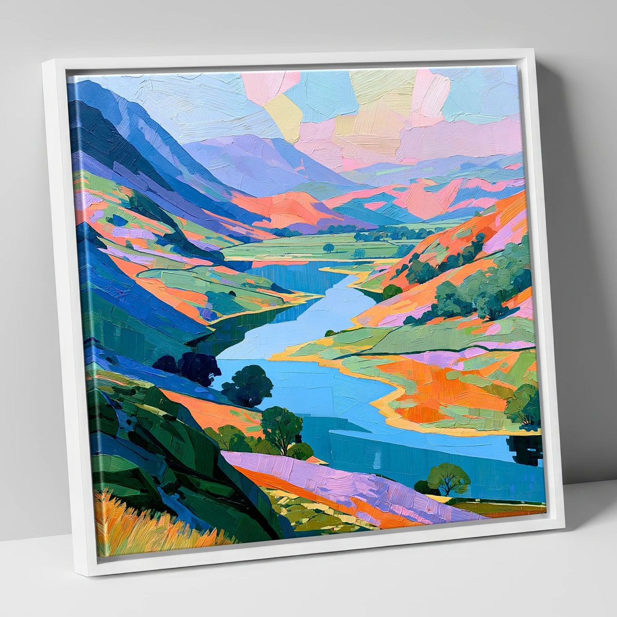 Vibrant Valley Lake and Fells lake district lake canvas wall art in white frame