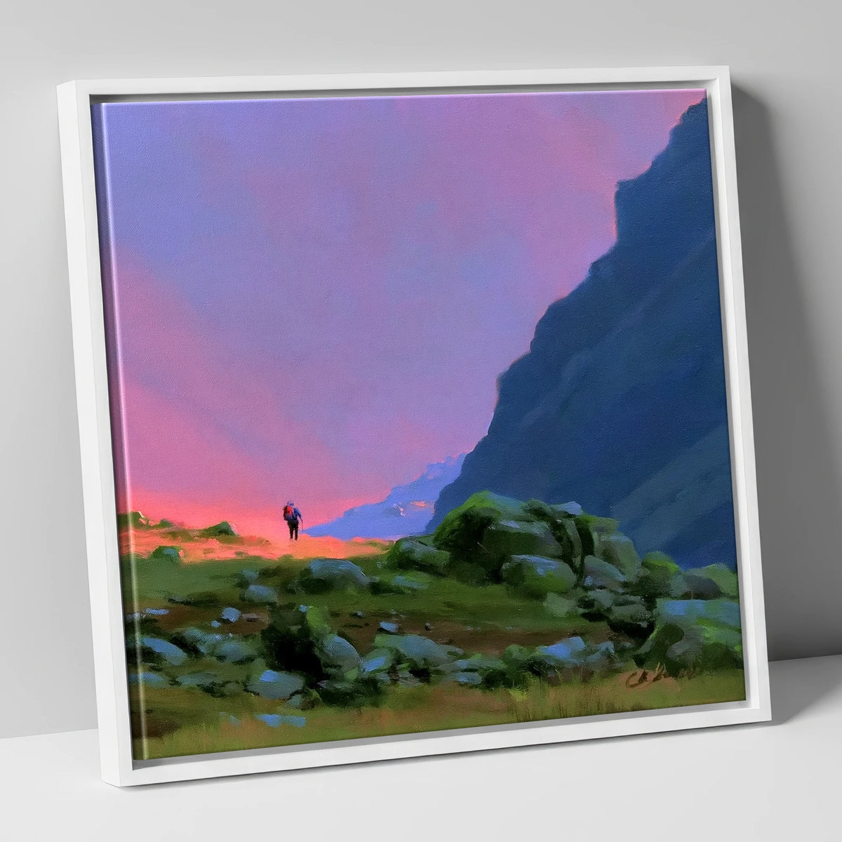 Fell Walker Beneath Vivid Skies lake district walking canvas wall art in white frame