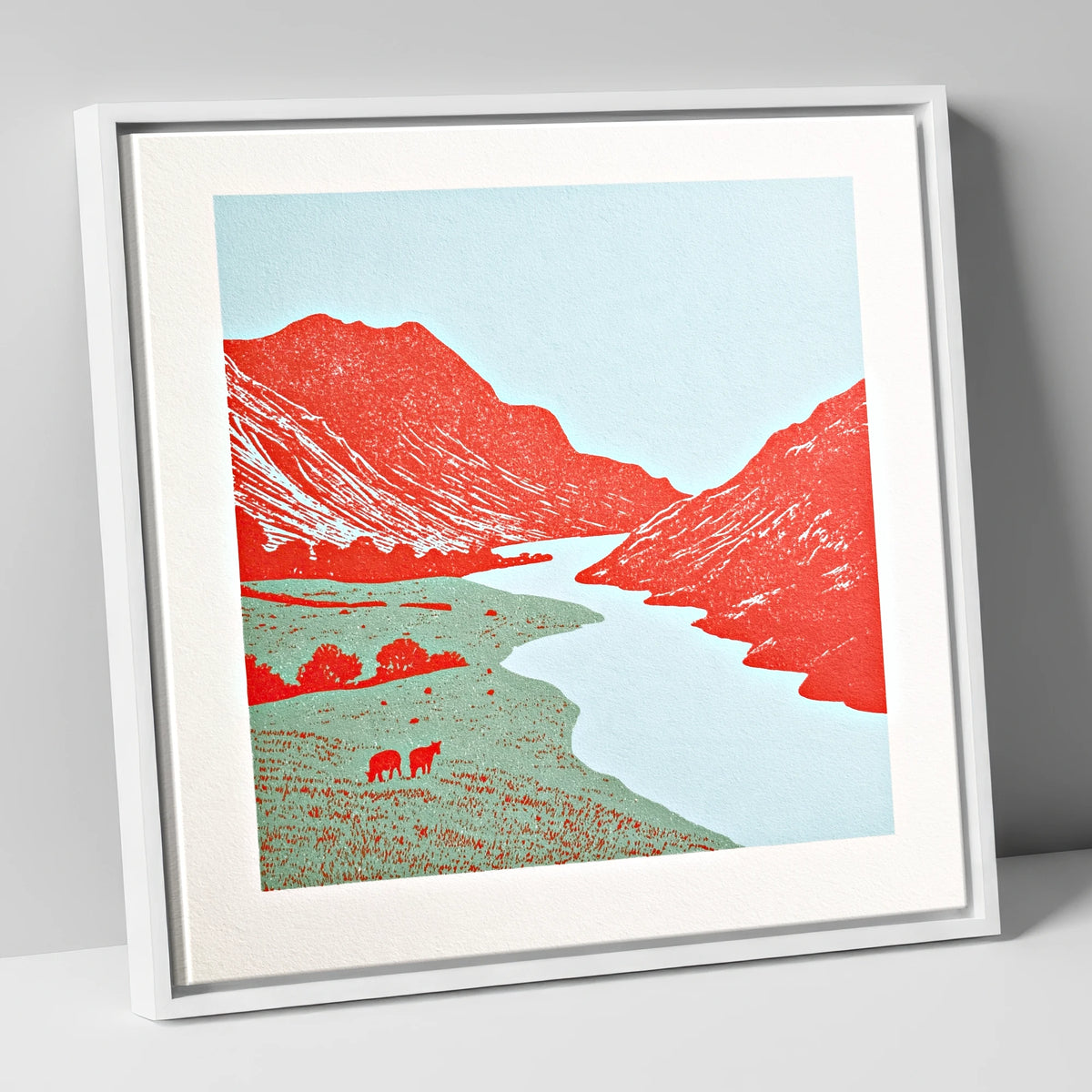 Eskdale Valley in Vivid Red lake district valley canvas wall art in white frame