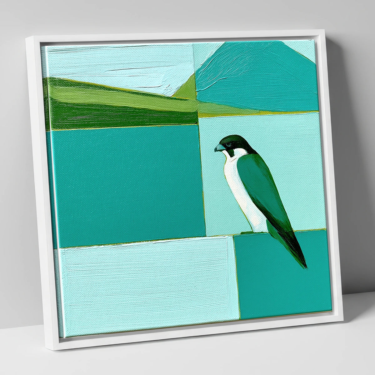 Peregrine Falcon Against Teal Fells lake district wildlife canvas wall art in white frame