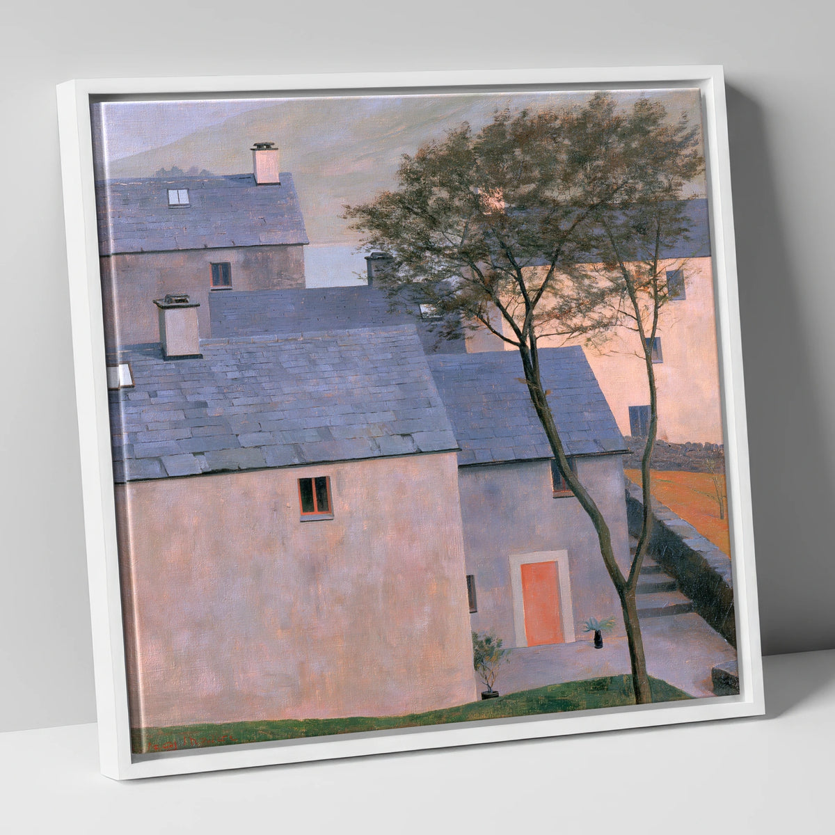 Pastel Light on Slate Cottages lake district village canvas wall art in white frame