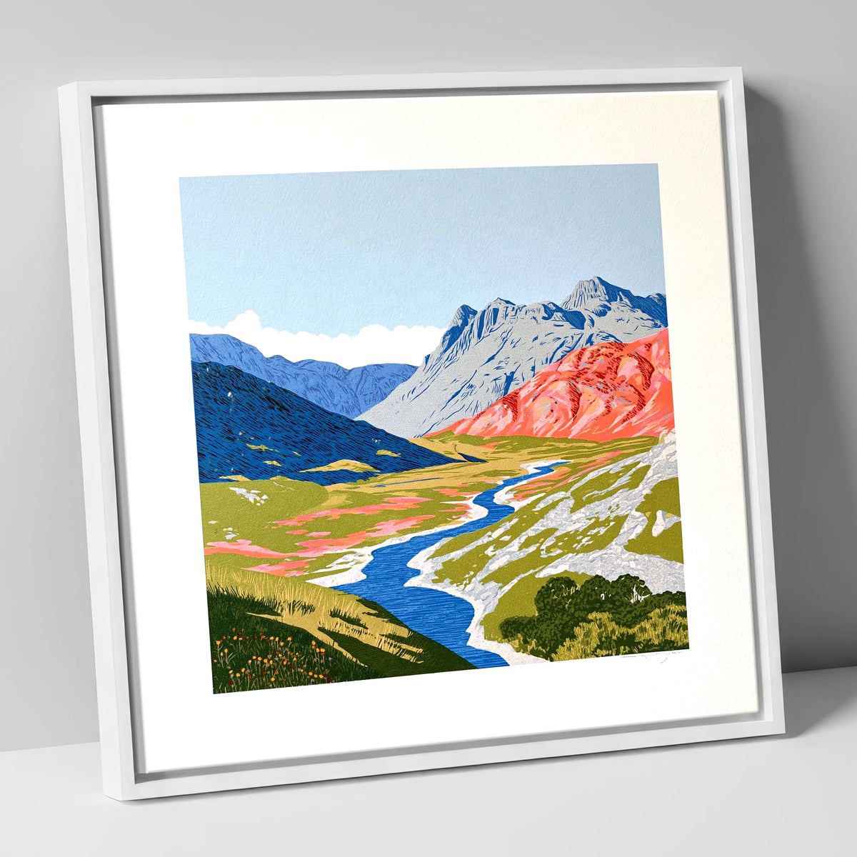 Coral Fells Of Great Langdale lake district valley canvas wall art in white frame