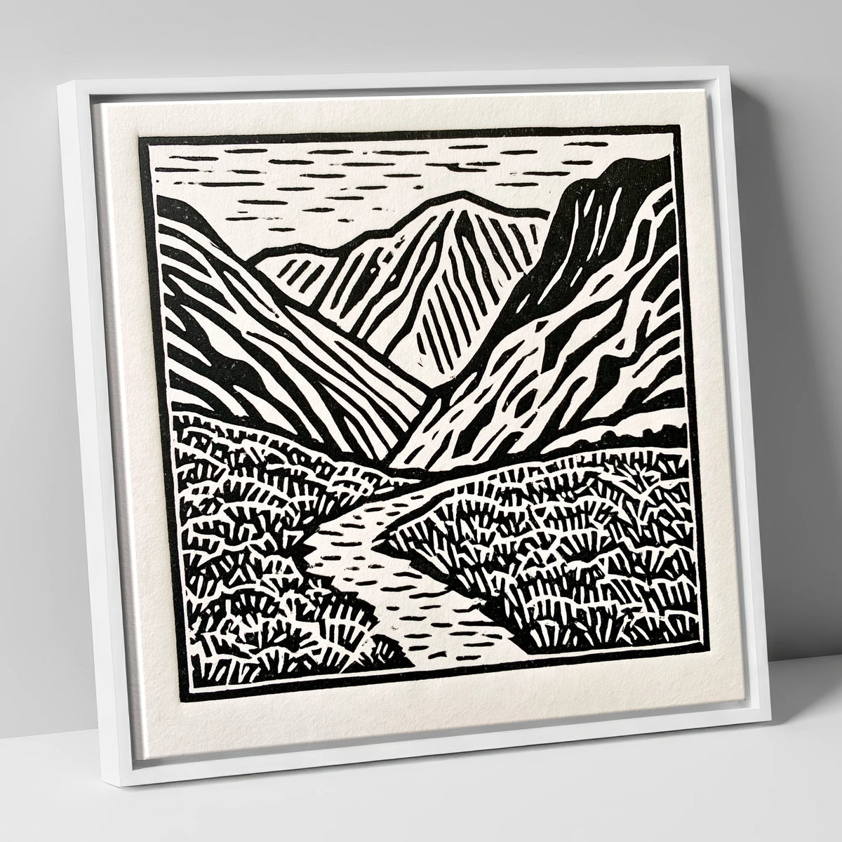 Monochrome Borrowdale Valley Fells lake district valley canvas wall art in white frame