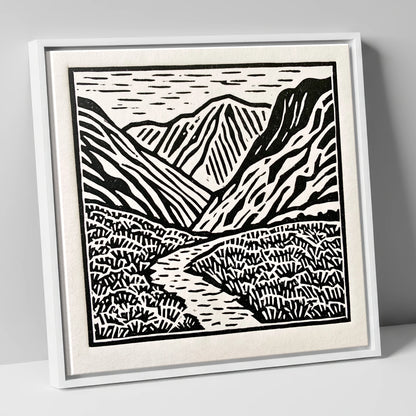 Monochrome Borrowdale Valley Fells lake district valley canvas wall art in white frame