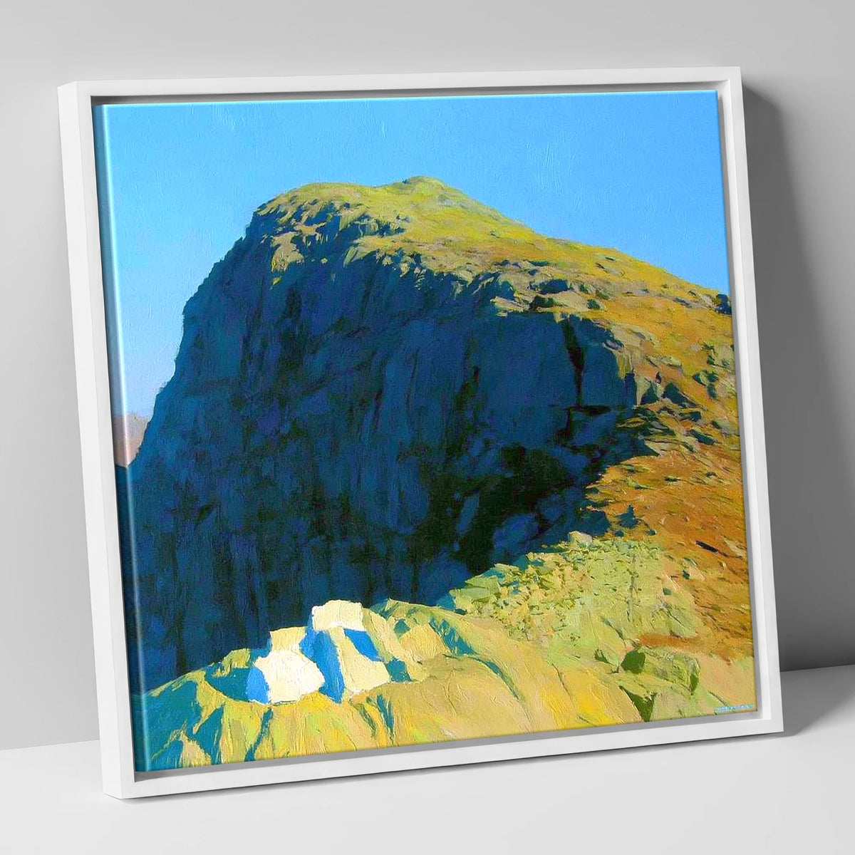 Sunlit Crags of Harrison Stickle lake district fell canvas wall art in white frame