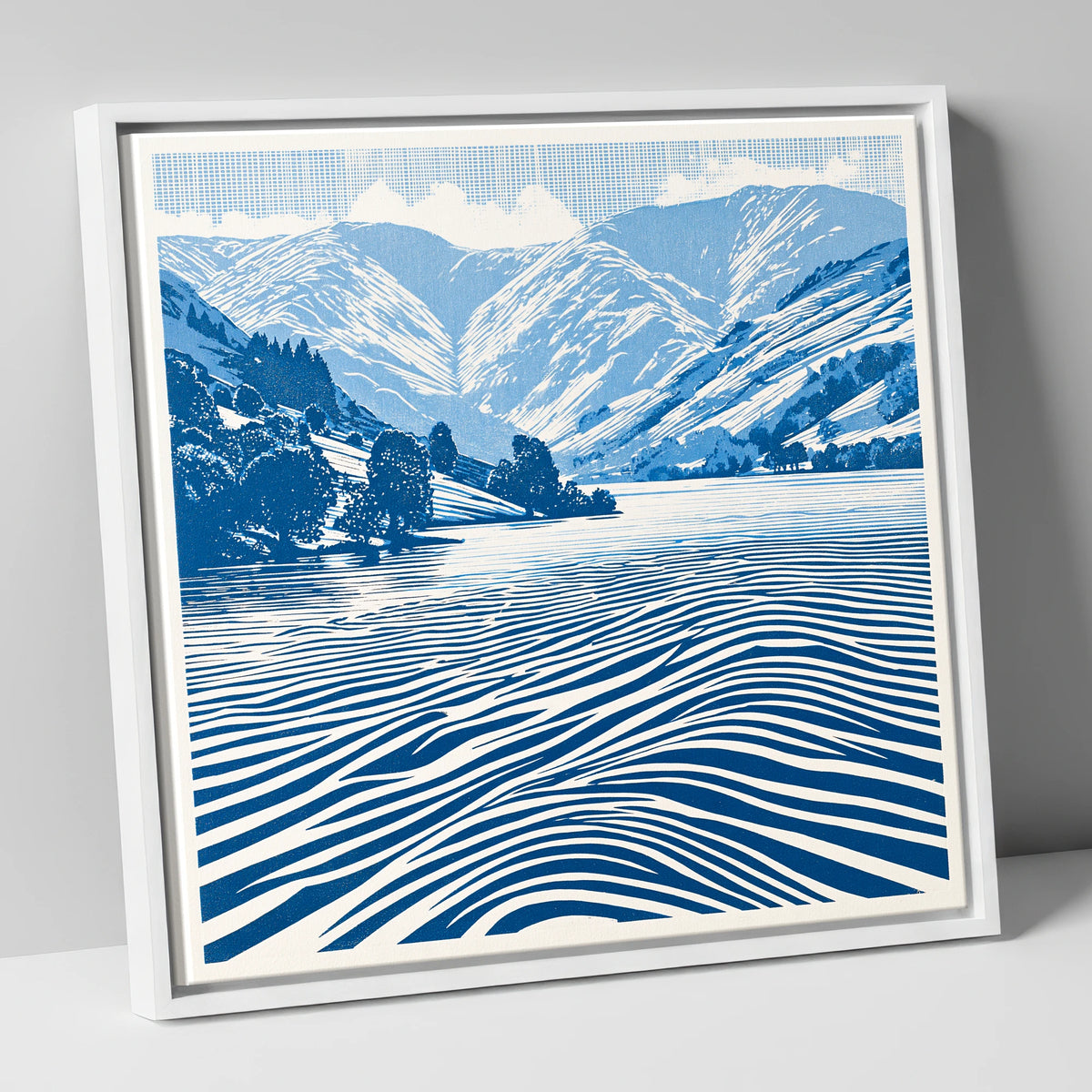 Cobalt Blue Ullswater Fells lake district lake canvas wall art in white frame
