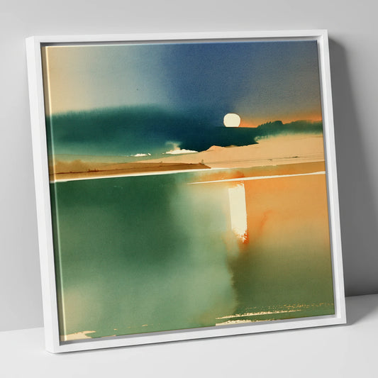 Teal and Ochre Lake Sunset lake district lake canvas wall art in white frame