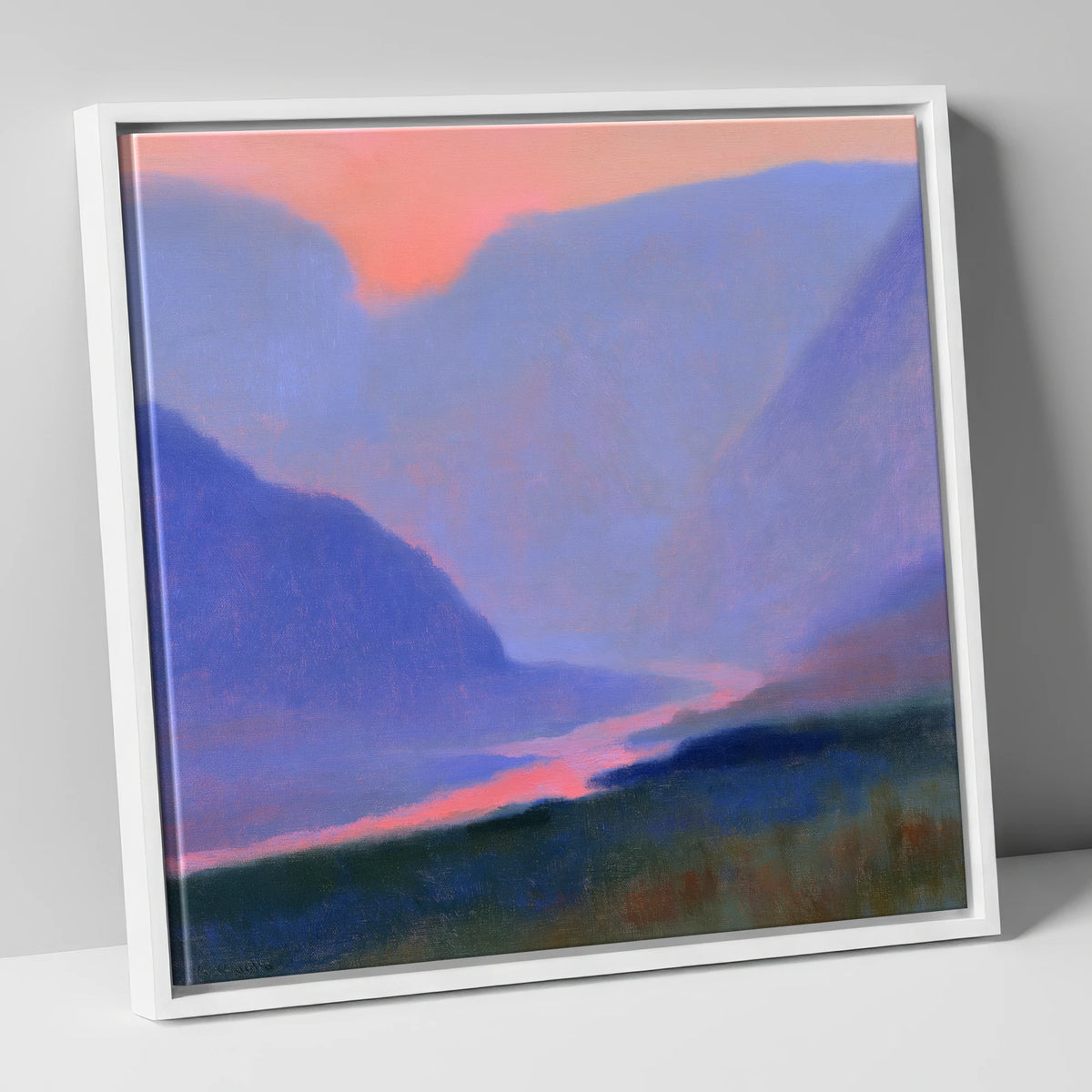 Twilight River Through Indigo Fells lake district waterfall canvas wall art in white frame