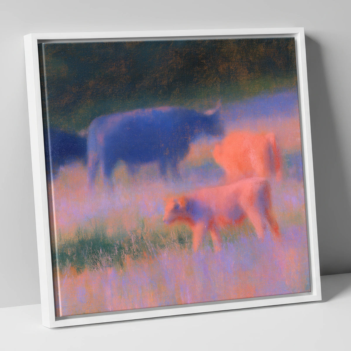 Highland Cattle in Twilight Haze lake district wildlife canvas wall art in white frame