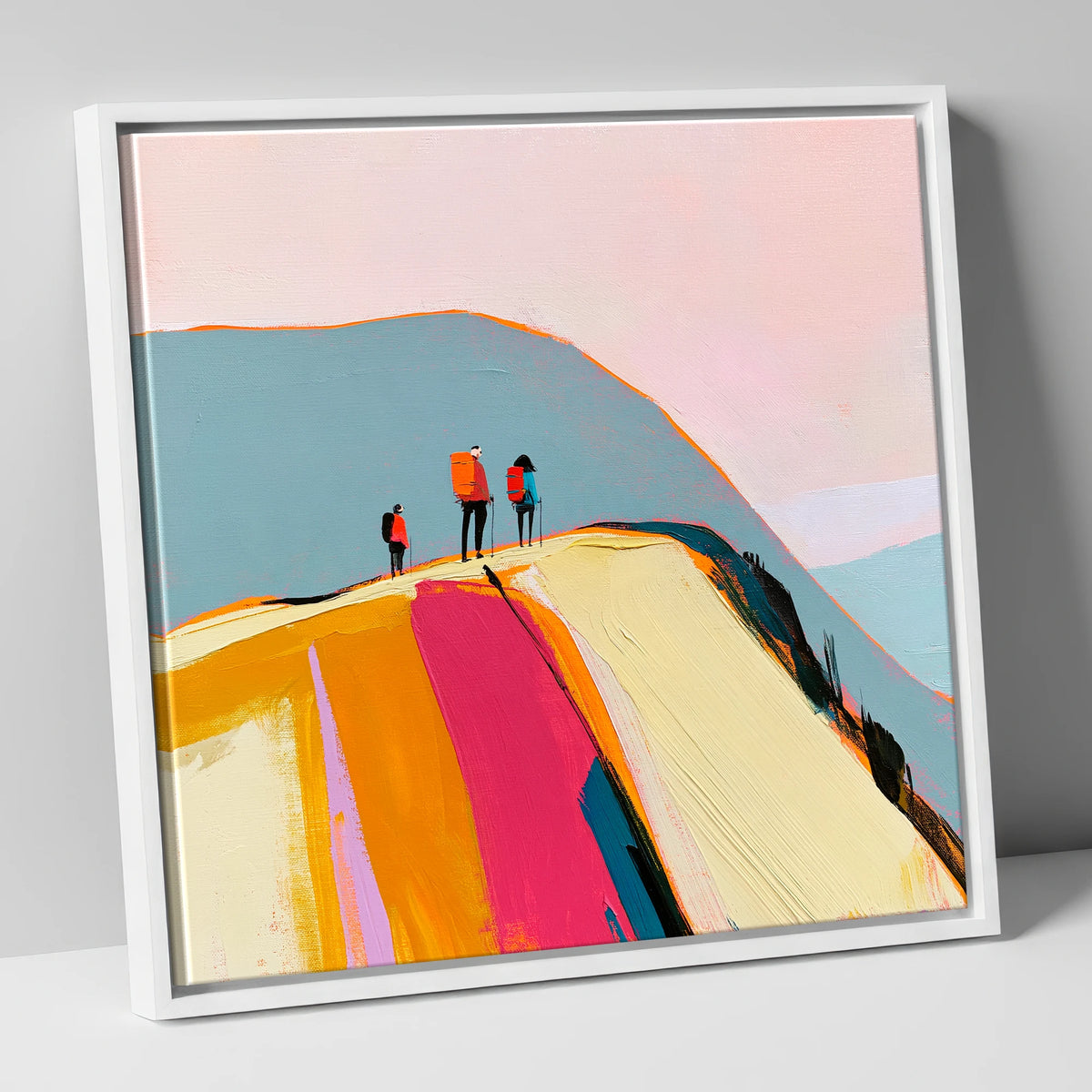 Vibrant Fell Top With Hikers lake district fell canvas wall art in white frame