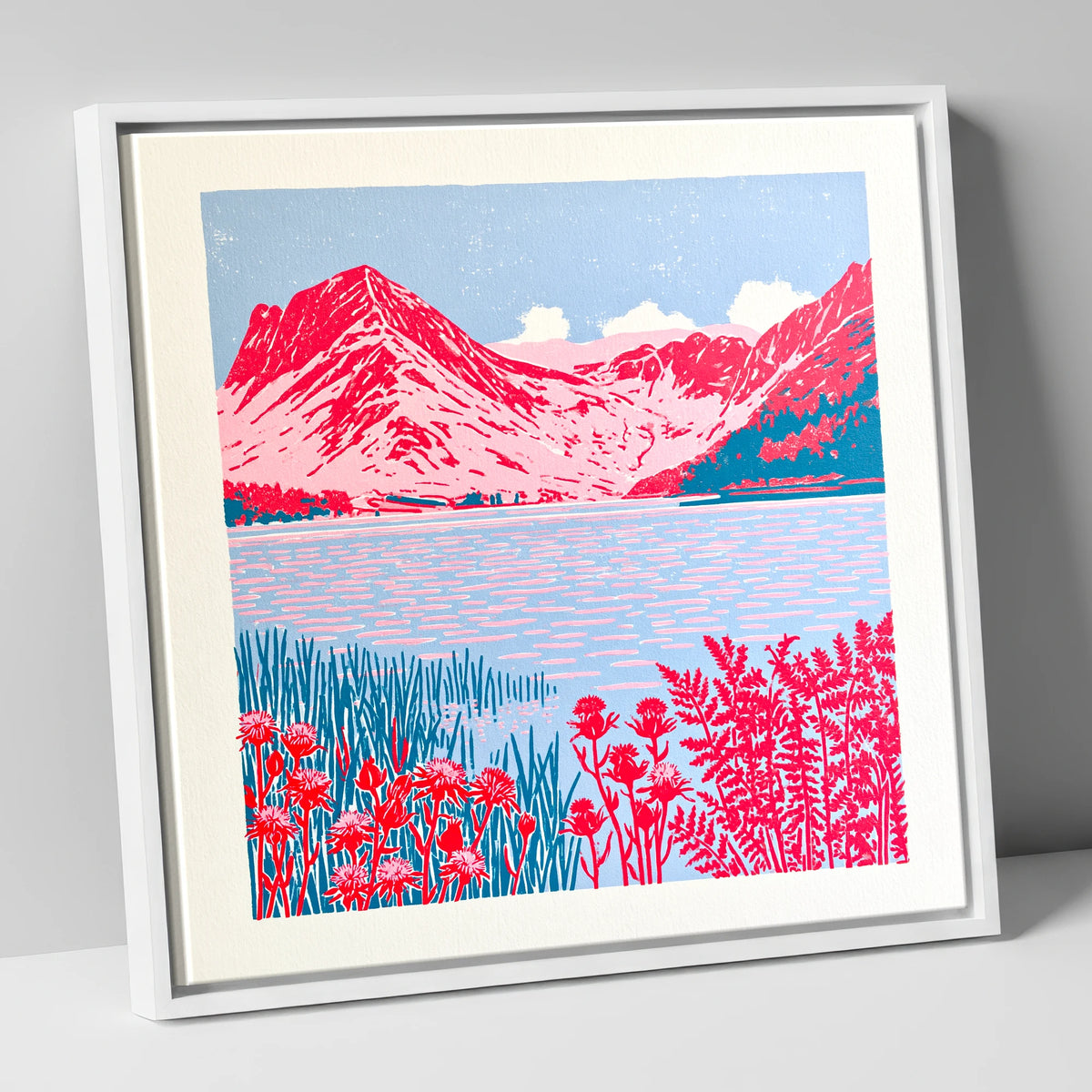Bold Pink Fells of Buttermere lake district lake canvas wall art in white frame