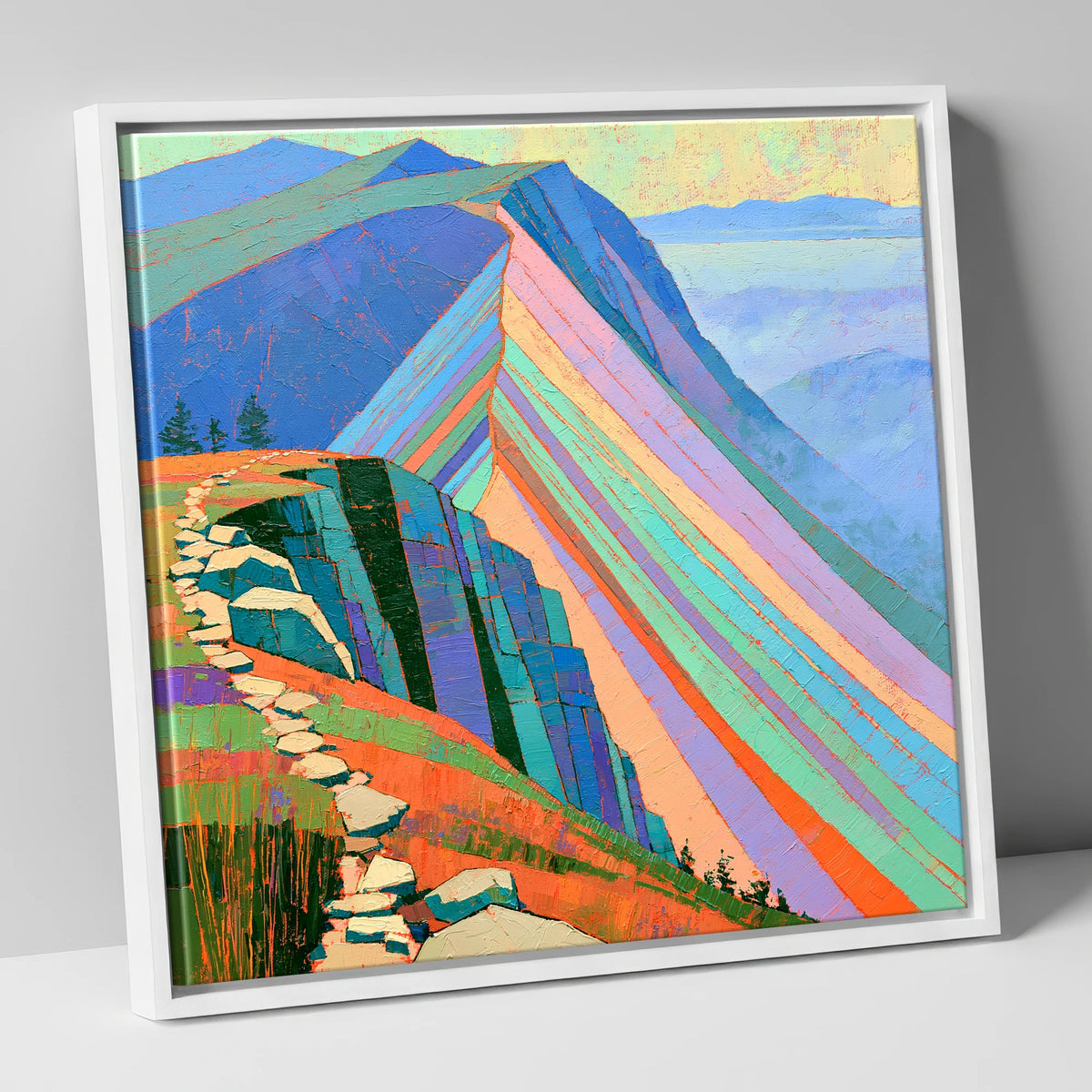 Colourful Striated Mountain Ridge lake district fell canvas wall art in white frame